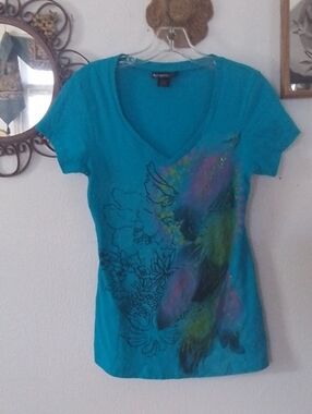 SELF ESTEEM V NECK CAP SLEEVE TURQUOISE T-SHIRT, MEDIUM
